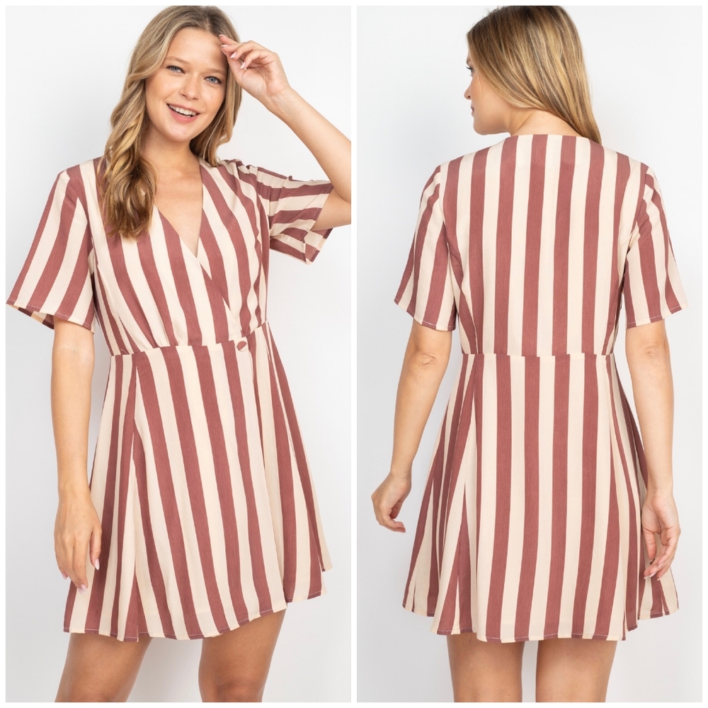 LAST ONE❗Mittoshop Rust Beige Striped Short Dress - Picture 2 of 9